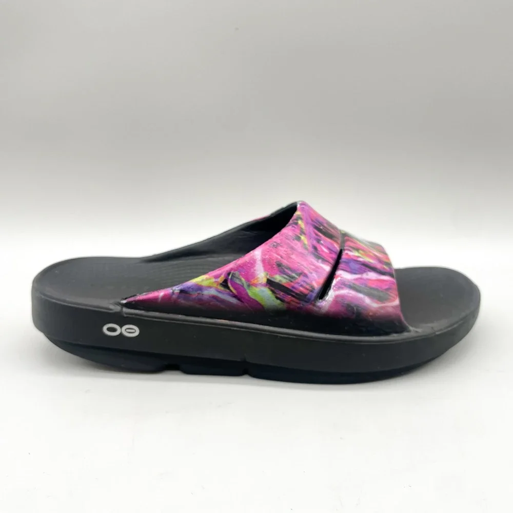 OOFOS Womens 9 OOahh Sport Recovery Slide Sandals Black Pink Nebula Yoga Comfort